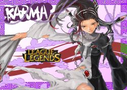 Rule 34 | 1girl, black eyes, black hair, chain, cloud, dissolving clothes, game, karma (league of legends), league of legends