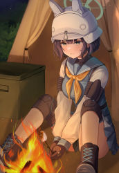 Rule 34 | 1girl, absurdres, blue archive, blush, breasts, cooking, fire, food, gloves, green eyes, halo, helmet, highres, holding, knee pads, large breasts, long sleeves, marshmallow, neckerchief, night, pleated skirt, saki (blue archive), short hair, skirt, solo, spread legs, yellow neckerchief