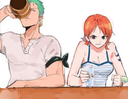 Rule 34 | 1boy, 1girl, arm tattoo, armband, bad id, bad twitter id, brown eyes, clenched hand, clenched teeth, commentary request, cup, earrings, green hair, hair behind ear, holding, holding cup, jewelry, joman, korean commentary, looking at another, nami (one piece), one piece, orange hair, roronoa zoro, shirt, short hair, simple background, single sidelock, striped clothes, striped shirt, tattoo, teeth, white background, white shirt