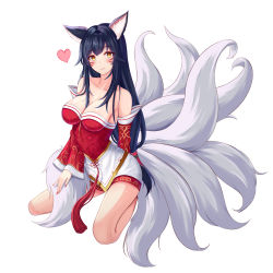 Rule 34 | 1girl, absurdres, ahri (league of legends), animal ears, bare shoulders, blush, breasts, cleavage, commentary request, facial mark, fang, fox ears, fox tail, heart, highres, korean clothes, kyuubi, league of legends, long hair, looking at viewer, ml04 (malang22), multiple tails, nail polish, sitting, slit pupils, smile, solo, tail, thighs, vastaya, whisker markings, yellow eyes