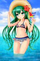 Rule 34 | 1girl, bikini, day, flower, food, green eyes, green hair, hair flower, hair ornament, hat, hatsune miku, hibiscus, highres, long hair, matching hair/eyes, navel, open mouth, partially submerged, popsicle, solo, straw hat, striped bikini, striped clothes, sun hat, swimsuit, terun, thigh gap, twintails, very long hair, vocaloid, wading, water, watermelon bar