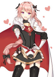 Rule 34 | 1boy, absurdres, armor, armored dress, astolfo (fate), black bow, black dress, black thighhighs, blush, bow, braid, cloak, dress, eyebrows, fang, fate/apocrypha, fate/grand order, fate (series), fur-trimmed cloak, fur trim, gauntlets, gorget, hair bow, hair intakes, happy, heart, highres, holding, holding sword, holding weapon, long braid, long hair, long sleeves, male focus, multicolored hair, open mouth, pink hair, puffy sleeves, purple eyes, simple background, single braid, smile, solo, streaked hair, sword, thighhighs, trap, weapon, white background, white cloak, xiao-lz