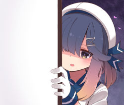 Rule 34 | 1girl, blush, commentary request, door, gloves, hair ornament, hair over one eye, hairclip, hat, heart, kantai collection, long hair, multicolored hair, open mouth, peeking out, purple background, purple eyes, purple hair, sailor hat, school uniform, serafuku, solo, suzuki toto, tsushima (kancolle), white gloves, white hat