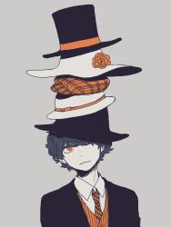 Rule 34 | 1boy, cabbie hat, collared shirt, frown, grey background, grey hair, hat, jacket, looking up, maco22, male focus, multiple hats, necktie, one eye closed, orange eyes, original, shirt, short hair, solo, stacked hats, striped necktie, top hat, upper body