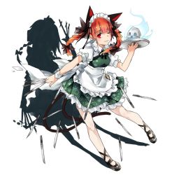 Rule 34 | 1girl, :3, alternate color, animal ears, apron, between fingers, bow, braid, cat ears, cat tail, cosplay, different shadow, dress, extra ears, frilled dress, frills, full body, green dress, hair bow, hair ornament, hitodama, holding, holding knife, izayoi sakuya, izayoi sakuya (cosplay), kaenbyou rin, knife, knives between fingers, leaning forward, looking at viewer, maid, maid apron, maid headdress, mary janes, md5 mismatch, multiple tails, neck ribbon, one eye closed, pocket watch, pointy ears, puffy short sleeves, puffy sleeves, red eyes, red hair, resized, ribbon, shadow, shoes, short sleeves, simple background, skull, solo, standing, tail, touhou, toutenkou, tray, twin braids, waist apron, watch, white background, wrist cuffs