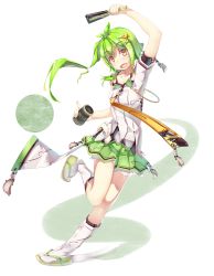 Rule 34 | 1girl, cup, fang, full body, green eyes, green hair, hair ornament, hairclip, hand fan, highres, kneehighs, long hair, looking at viewer, original, pleated skirt, side ponytail, skirt, socks, solo, syobonne, teacup, transparent background, yellow eyes
