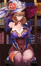 Rule 34 | 1girl, alternate costume, artist name, bare shoulders, black choker, black gloves, black pantyhose, blue flower, blue hat, blue leotard, blue rose, blue sleeves, book, bookshelf, breasts, brown hair, choker, cleavage, collarbone, cosplay, covered navel, detached sleeves, dolin, elbow gloves, flower, genshin impact, gloves, green eyes, hair flower, hair ornament, hair over shoulder, hand on headwear, hand on own chest, hat, large breasts, leotard, lisa (genshin impact), long hair, looking at viewer, mona (genshin impact), mona (genshin impact) (cosplay), pantyhose, parted lips, rose, sitting, smile, solo, thighlet, thighs, witch hat