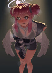 Rule 34 | 1girl, absurdres, angel wings, backlighting, black bra, blue archive, blush, bra, bra visible through clothes, breasts, breath, dark background, double bun, embarrassed, eyelashes, feathered wings, hair between eyes, hair bun, hair ornament, hair scrunchie, halo, hand on own knee, highres, jacket, jacket tug, knees together feet apart, leaning forward, longsan, looking at viewer, low wings, medium breasts, mika (blue archive), open clothes, open jacket, open mouth, pink hair, scrunchie, see-through, see-through shirt, shirt, shorts, sidelocks, steam, steaming body, sweat, sweaty clothes, t-shirt, tearing up, underwear, wet, wet clothes, wet shirt, white shirt, white wings, wings, yellow eyes