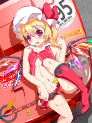Rule 34 | 1girl, alternate costume, bikini, bikini top only, blonde hair, blush, boots, brand name imitation, breasts, car, covered erect nipples, fang, female focus, ferrari, flandre scarlet, hat, hat ribbon, high heels, knee boots, leg up, looking at viewer, lying, midriff, mob cap, motor vehicle, navel, on back, on vehicle, open mouth, race queen, red eyes, ribbon, sexually suggestive, shoes, short shorts, shorts, small breasts, smile, solo, sushoyushi, sweat, swimsuit, touhou, undressing, vehicle, wings