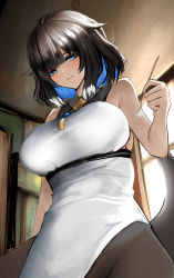 Rule 34 | 1girl, absurdres, arknights, bare arms, bare shoulders, black hair, black pantyhose, blue eyes, blue hair, blunt bangs, blush, breasts, bright pupils, closed mouth, dress, from below, highres, holding, indoors, kjera (arknights), large breasts, looking at viewer, looking down, mimikaki, multicolored hair, pantyhose, pelvic curtain, short hair, sitting, sleeveless, sleeveless dress, smile, solo, tail, tassel, twitter username, underbust, wawamachi (wawamachis), white dress, white hair, window