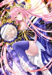 10s 1girl absurdly_long_hair animal_ears bare_shoulders blue_thighhighs bow breasts cleavage detached_sleeves fate/extra fate/grand_order fate_(series) female_focus fox_ears fox_tail hair_bow hair_ribbon highres japanese_clothes large_breasts long_hair looking_at_viewer mirror pink_hair ribbon solo suiten_nikkou_amaterasu_yanoshisu_ishi tail tamamo_(fate) tamamo_no_mae_(fate/extra) thighhighs twintails very_long_hair yellow_eyes yuzushiro_(sei)