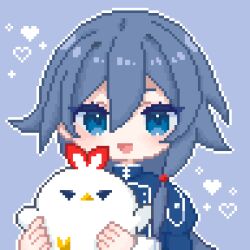 Rule 34 | 1girl, :d, animal, bird, blue background, blue sleeves, chinese clothes, fu hua, fu hua (valkyrie accipiter), grey hair, heart, highres, holding, honkai (series), honkai impact 3rd, jingwei (bird), long hair, looking at viewer, open mouth, pixel art, simple background, smile, xtx mercury
