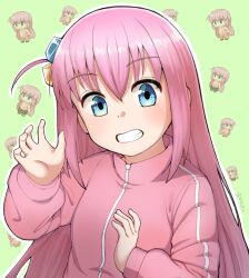 Rule 34 | 1girl, bocchi the rock!, clenched teeth, commentary, cube hair ornament, english commentary, gotoh hitori, green background, hair between eyes, hair ornament, hand up, highres, jacket, long sleeves, looking at viewer, one side up, outline, pink jacket, pink track suit, pixel art, simple background, smile, spawfin, teeth, track jacket, white outline