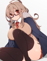 Rule 34 | 1girl, ahoge, blue coat, blush, breasts, brown thighhighs, character request, coat, dot mouth, feet out of frame, fur trim, glasses, hair between eyes, hair intakes, highres, light brown hair, long hair, mofuaki, necktie, no nose, open clothes, open coat, red eyes, red necktie, ribbed sweater, semi-rimless eyewear, shadow, shirt, sidelocks, sitting, solo, sweater, thick thighs, thighhighs, thighs, under-rim eyewear, v-neck, white background, white shirt, wing collar