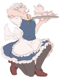 Rule 34 | 1girl, apron, commentary, cup, female focus, flat color, full body, izayoi sakuya, maid, maid apron, maid headdress, mefomefo, on one knee, open mouth, pantyhose, pocket watch, silver hair, simple background, solo, spoon, teacup, teapot, touhou, tray, watch, white background