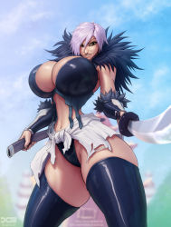 Rule 34 | 1girl, barretxiii, black legwear, black panties, blue sky, blurry, blurry background, breasts, bursting breasts, castle, cleavage, cloud, cowboy shot, curvy, day, evil grin, evil smile, eyelashes, eyeshadow, female focus, gauntlets, grin, hair between eyes, hair over one eye, highres, holding, holding sword, holding weapon, huge breasts, latex, latex legwear, left-handed, lips, looking at viewer, makeup, manyuu hikenchou, manyuu kagefusa, midriff, navel, outdoors, panties, pointing, pointing at viewer, pointing weapon, shiny clothes, shiny skin, short hair, silver hair, skin tight, skindentation, sky, smile, solo, standing, sword, thick thighs, thighs, torn clothes, underwear, upper body, weapon, wide hips, wrist armor, wrist cuffs, yellow eyes