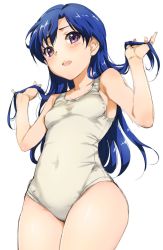 Rule 34 | 1girl, blue hair, highres, holding, holding hair, idolmaster, idolmaster (classic), inoue sora, kisaragi chihaya, long hair, one-piece swimsuit, open mouth, simple background, solo, swimsuit, white background, white one-piece swimsuit