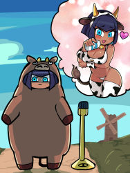 Rule 34 | 1girl, animal costume, animal ears, animal print, black hair, blue eyes, blush, blush stickers, bob cut, bottle, cow costume, cow ears, cow horns, cow print, cow tail, cowbell, dark-skinned female, dark skin, eliza (skullgirls), heart, highres, horns, imeni-art, jewelry, microphone stand, milk, navel, short hair, skullgirls, smile, solo, tail, thighhighs, thought bubble, windmill