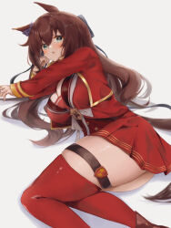 Rule 34 | 1girl, animal ears, blue eyes, blush, bow, breasts, brown footwear, brown hair, cleavage, commentary request, ear bow, horse ears, horse girl, horse tail, jacket, large breasts, long hair, long sleeves, looking at viewer, maruzensky (umamusume), on ground, open clothes, open jacket, open mouth, pleated skirt, purple bow, red jacket, red skirt, red thighhighs, skindentation, skirt, solo, tail, thigh strap, thighhighs, thighs, umainu 2002, umamusume