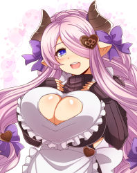 Rule 34 | 1girl, :d, afuro, apron, blush, bow, braid, breast suppress, breasts, brown sweater, cleavage, cleavage cutout, clothing cutout, draph, granblue fantasy, hair bow, hair ornament, hair over one eye, head tilt, heart, heart cutout, heart hair ornament, horns, huge breasts, light purple hair, long hair, looking at viewer, narmaya (granblue fantasy), narmaya (valentine) (granblue fantasy), open mouth, pointy ears, purple bow, purple eyes, ribbed sweater, sleeves past wrists, smile, solo, sparkle, sweater, very long hair, white apron, white background