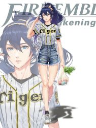 Rule 34 | 1girl, alternate costume, alternate hairstyle, bag, baseball jersey, blue eyes, blue hair, blue shorts, buttons, casual, commentary, contemporary, copyright name, denim, english commentary, fire emblem, fire emblem awakening, floating hair, groceries, hair between eyes, hanshin tigers, highres, holding, holding bag, jeans, jersey, lips, long hair, looking at viewer, lucina (fire emblem), maze draws, nintendo, nippon professional baseball, pants, parted lips, pink lips, plastic bag, ponytail, shadow, shoes, shopping bag, short shorts, short sleeves, shorts, sneakers, solo, sweat, twitter username, white footwear