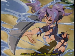 Rule 34 | 1girl, ass, bluethebone, breasts, commentary, english commentary, english text, fang, horns, large breasts, oni, purple eyes, purple hair, retro artstyle, shion (tensei shitara slime datta ken), single horn, slime (substance), subtitled, sword, tensei shitara slime datta ken, torn clothes, weapon