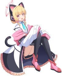 Rule 34 | 1girl, absurdres, aikawa ryou, animal ear headphones, animal ears, black thighhighs, blonde hair, blue archive, blue necktie, blush, boots, bow, cat tail, collared shirt, fake animal ears, full body, hair bow, halo, headphones, highres, jacket, momoi (blue archive), necktie, open clothes, open jacket, open mouth, panties, pink footwear, pink halo, red bow, red eyes, shirt, short hair, simple background, sleeves past fingers, sleeves past wrists, smile, solo, tail, thighhighs, underwear, white background, white jacket, white panties, white shirt, wide sleeves
