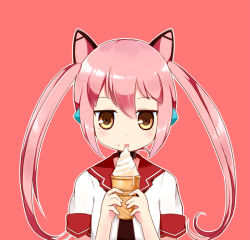 Rule 34 | 1girl, blush, brown eyes, character request, closed mouth, copyright request, food, ice cream, linda b, long hair, looking at viewer, pink background, pink hair, short sleeves, simple background, solo, tongue, tongue out, twintails, upper body