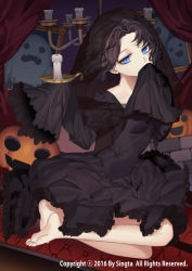 Rule 34 | 1girl, bad id, bad pixiv id, barefoot, black dress, black hair, black veil, blue eyes, candle, carchet, copyright name, covering own mouth, dress, feet, ghost, gothic lolita, halloween, lolita fashion, looking at viewer, official art, pumpkin, see-through, seiza, short hair, sid story, sitting, veil