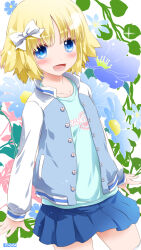 Rule 34 | 1girl, artist logo, artist name, blonde hair, blue eyes, blush, bow, cowboy shot, dot nose, floral background, flower, hair bow, highres, jacket, looking at viewer, noto (soranoto), open clothes, open jacket, open mouth, original, shirt, short hair, solo, white bow