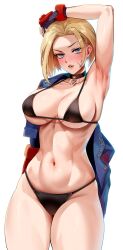 Rule 34 | 1girl, arm up, armpits, bare shoulders, bikini, black bikini, black gloves, blonde hair, blue eyes, blue jacket, blush, breasts, cammy white, cleavage, collarbone, cowboy shot, facial scar, fingerless gloves, foxyreine, gloves, highres, jacket, large breasts, linea alba, looking at viewer, navel, open clothes, open jacket, parted lips, scar, scar on cheek, scar on face, seductive smile, short hair, smile, solo, street fighter, street fighter 6, swimsuit, thighs, toned, v-shaped eyebrows