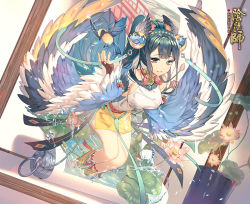 Rule 34 | 1girl, aile (crossroads), animal, bare shoulders, bird, blue wings, bridal gauntlets, character request, commentary request, facial mark, feathered wings, flower, green eyes, green hair, hair ornament, hand up, head wings, long hair, looking at viewer, multicolored wings, official art, onmyoji, parted lips, pink flower, ponytail, shirt, sidelocks, skirt, sleeveless, sleeveless shirt, solo, through medium, through painting, through screen, water, white shirt, white wings, wings, yellow skirt