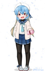 Rule 34 | ahoge, black pantyhose, blonde hair, blue hair, blue neckerchief, blue ribbon, blue sailor collar, blue skirt, dated, fang, full body, gift, gloves, gradient hair, hat, jacket, kantai collection, long hair, looking at viewer, masara (chuujou), multicolored hair, neckerchief, one-hour drawing challenge, pantyhose, pleated skirt, red eyes, ribbon, sado (kancolle), sailor collar, sailor hat, simple background, skin fang, skirt, smile, solo, sparkle, standing, tube, twitter username, white background, white gloves, white hat, white jacket