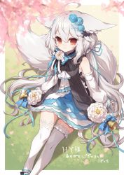 Rule 34 | 1girl, ahoge, animal ear fluff, animal ears, asymmetrical legwear, black footwear, blush, commentary request, commission, detached sleeves, dress, ears down, flower, fox ears, fox girl, fox tail, frilled dress, frilled thighhighs, frills, highres, kozakura (dictionary), light smile, long hair, long sleeves, looking at viewer, mismatched legwear, original, puffy long sleeves, puffy sleeves, red eyes, sakurada shiro (hy plus), silver hair, skeb commission, sleeves past wrists, smile, solo, tail, thighhighs, very long hair, white background, white dress, white flower, white thighhighs