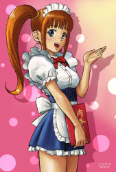 Rule 34 | 1girl, apron, blue eyes, bow, breasts, brown hair, dress, frills, long hair, looking at viewer, maid, maid apron, maid headdress, matataku, medium breasts, open mouth, original, side ponytail, skirt, smile, solo, standing
