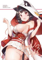 Rule 34 | 1girl, :d, absurdres, animal ears, ass, azur lane, bad id, bad twitter id, bare shoulders, black hair, breasts, cat ears, cat tail, detached sleeves, dress, english text, fang, highres, hood, large breasts, medium hair, open mouth, paw pose, pleated skirt, red eyes, sideboob, skirt, smile, tail, tassel, upskirt, wedding dress, white background, white dress, yamashiro (azur lane), yamashiro (bridal attack!) (azur lane), yayoichi (yoruyoru108)