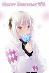 Rule 34 | 1boy, candy, fire emblem, fire emblem engage, food, hair ornament, highres, holding, holding candy, holding food, holding lollipop, jacket, lollipop, long sleeves, looking to the side, male focus, nintendo, official alternate costume, rafal (fire emblem), red eyes, sasaki fumi, short hair, solo, white hair