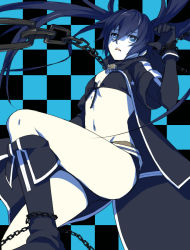 Rule 34 | 1girl, bikini, black bikini, black footwear, black gloves, black hair, black rock shooter, black rock shooter (character), black shorts, blue eyes, boots, breasts, chain, checkered background, cleavage, floating hair, front-tie bikini top, front-tie top, gloves, hair between eyes, long hair, navel, open mouth, shiromi (ringo), short shorts, shorts, small breasts, solo, stomach, swimsuit, twintails, very long hair