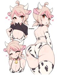 Rule 34 | 1girl, absurdres, animal ears, animal print, artist name, bell, bikini, black shirt, blonde hair, bra, breasts, brown eyes, cleavage, closed eyes, clothes lift, commentary, cow ears, cow girl, cow print, cowbell, cremanata, english commentary, heart, highres, large breasts, looking at viewer, medium hair, multiple views, neck bell, open mouth, original, panties, print bikini, print bra, print panties, print thighhighs, shirt, shirt lift, simple background, swimsuit, thighhighs, underwear, white background