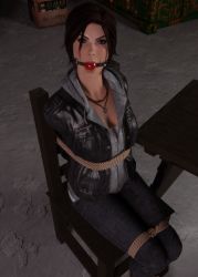 Rule 34 | 1girl, 3d, arms behind back, ball gag, bdsm, bondage, bound, bound legs, breasts, brown eyes, brown hair, gag, gagged, iorel-renders, jewelry, lara croft, looking at viewer, necklace, tied to chair, tomb raider