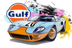Rule 34 | 2023, artist name, car, commentary request, ford gt40, headlight, highres, left-hand drive, motor vehicle, multicolored background, nimbus goldbrum, no humans, original, race vehicle, racecar, rear-view mirror, shadow, side-view mirror, sports car, steering wheel, vehicle focus