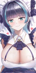 Rule 34 | 1girl, :3, absurdres, azur lane, blue hair, blue ribbon, blunt bangs, breasts, cheshire (azur lane), cleavage, cleavage cutout, closed mouth, clothing cutout, commentary request, dress, earrings, eyelashes, heart, highres, jewelry, large breasts, light blush, looking at viewer, maid headdress, multicolored hair, revision, ribbon, shenqi (toid310), short hair, sidelocks, simple background, smile, solo, two-tone hair, upper body, wet