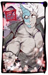 Rule 34 | 1boy, abs, bara, bare pectorals, beckoning, crow (siranui), fang, flower, half mask, highres, horned mask, horns, long hair, looking at viewer, male focus, mask, monster boy, muscular, muscular male, muted color, navel, no pants, oni mask, open clothes, open shirt, pectorals, pink flower, pointy ears, ponytail, shuten douji (housamo), silver hair, single horn, solo, spot color, stomach, tokyo houkago summoners, upper body