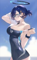 Rule 34 | 1girl, absurdres, alternate costume, alternate hairstyle, aqua eyes, bare shoulders, blue archive, blue hair, blue one-piece swimsuit, blue sky, breasts, chihiro (blue archive), cleavage, closed mouth, cloud, cloudy sky, covered navel, from side, hair ornament, halo, hashtag-only commentary, highres, ktr (tpun2553), large breasts, looking ahead, one-piece swimsuit, ponytail, rabbit hair ornament, short hair, sky, solo, strap pull, swimsuit, towel, watch, wet, wet clothes, wet swimsuit, white towel, wristwatch