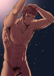 Rule 34 | 1boy, :o, abs, alternate hairstyle, bar censor, bara, brown hair, censored, completely nude, cross scar, facial hair, fate/grand order, fate (series), flaccid, goatee, hand in own hair, long sideburns, looking at viewer, male focus, male pubic hair, muscular, muscular male, napoleon bonaparte (fate), nipples, nude, one eye closed, pectorals, penis, pubic hair, revision, scar, short hair, showering, sideburns, solo, stomach, unplugged line, wet, wet hair
