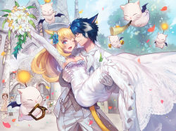 Rule 34 | 10s, 1boy, 4girls, animal ears, blonde hair, blue hair, bouquet, breasts, carrying, cat ears, cat tail, church, cleavage, cymbals, detached sleeves, dress, earrings, facial mark, fang, final fantasy, final fantasy xiv, flower, formal, gloves, hair flower, hair ornament, happy, harp, horn (instrument), husband and wife, instrument, jewelry, lalafell, lino chang, miqo&#039;te, moogle, multicolored hair, multiple girls, musical note, necklace, petals, princess carry, sparkle, suit, tail, two-tone hair, veil, wedding, wedding dress, whiskers, white gloves, wings, wink