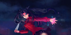 Rule 34 | 1girl, absurdres, azoth knife, between fingers, black hair, blue eyes, dagger, fate/stay night, fate (series), gem, glowing, hair ribbon, highres, holding, kikira, knife, long hair, magic, ribbon, solo, tohsaka rin, two side up, weapon