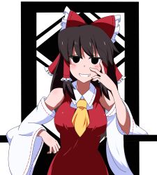 Rule 34 | 1girl, black eyes, black hair, blush, bow, breasts, collared dress, commentary request, cookie (touhou), cowboy shot, detached sleeves, dress, empty eyes, frilled bow, frilled hair tubes, frills, grin, hair bow, hair tubes, hakurei reimu, hand on own cheek, hand on own face, highres, impossible clothes, impossible dress, large breasts, long hair, looking at viewer, necktie, noel (cookie), red bow, red dress, ribbon-trimmed collar, ribbon-trimmed sleeves, ribbon trim, sidelocks, sleeveless, sleeveless dress, smile, solo, sugigoke, touhou, transparent background, white sleeves, wide sleeves, yellow necktie