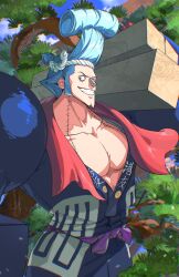 Rule 34 | 1boy, carpenter, carrying over shoulder, cowboy shot, cyborg, double chin, franky (one piece), grin, hachimaki, headband, highres, large pectorals, male focus, muscular, muscular male, mygiorni, official alternate costume, official alternate hairstyle, one piece, pectoral cleavage, pectorals, smile, solo, spiked hair, stitches, tree, v-taper, wood
