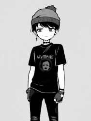 Rule 34 | 1boy, bags under eyes, beanie, black hair, bracelet, chain, chain bracelet, choker, cross, cross earrings, earrings, fingerless gloves, gloves, greyscale, haizai, hat, jewelry, jitome, looking to the side, male focus, monochrome, pants, pom pom (clothes), pom pom beanie, shirt, short hair, short sleeves, single earring, solo, south park, stan marsh, t-shirt, torn clothes, torn pants